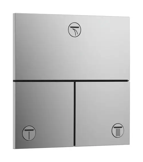 Unterputz-Wasserregler von Hansgrohe für drei Verbraucher in Chrom-Design. Beinhaltet drei Bedienfelder mit Symbolen zur Steuerung.